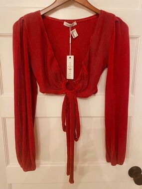 Cellecci red long-sleeve crop top with brass and tie detail NWT